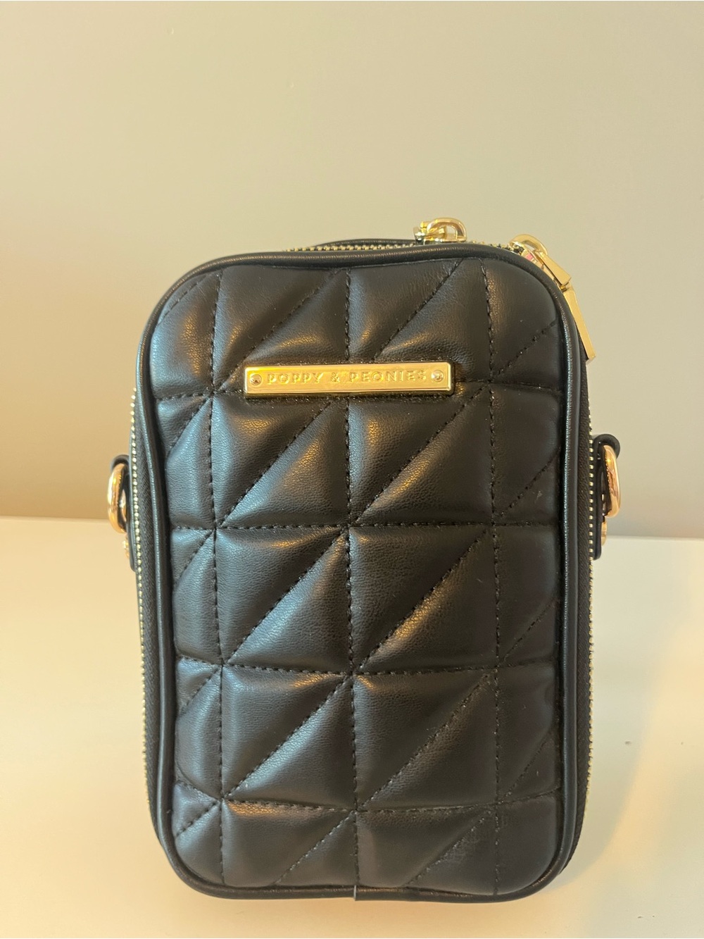Poppy & Peonies Black Quilted Crossbody Phone Pouch with Gold Hardware